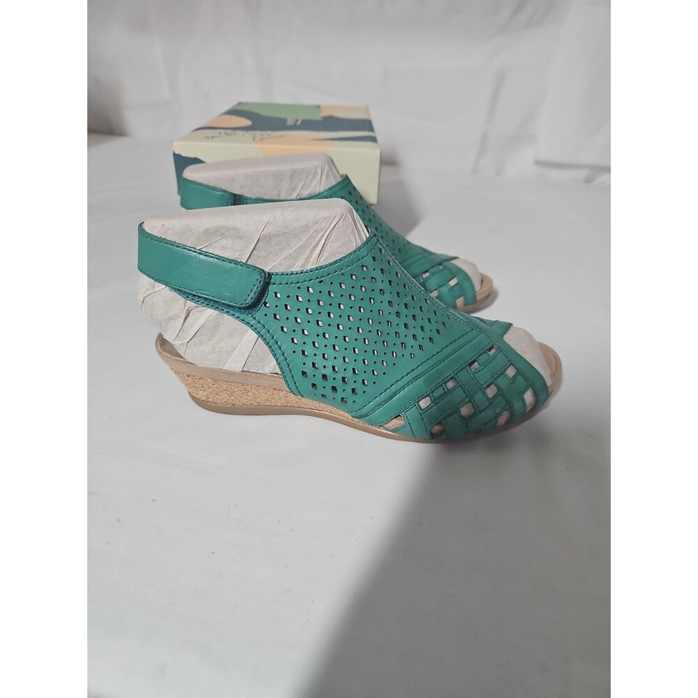 New Earth Pisa Galli Leather Teal Green Wedge Sandals Size 8M - Picture 2 of 5